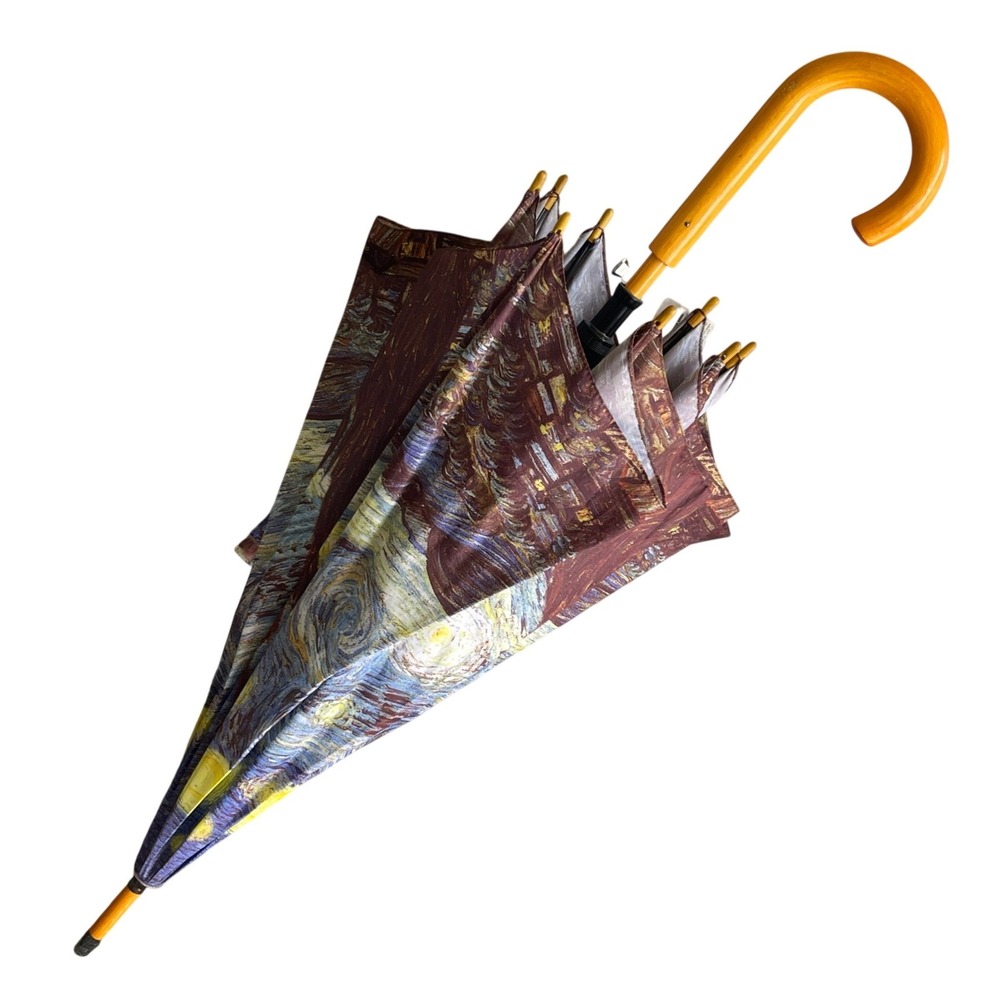 Van Gogh The Starry Night Art Print Umbrella Curved Wood Handle Blue Yellow - Picture 2 of 9